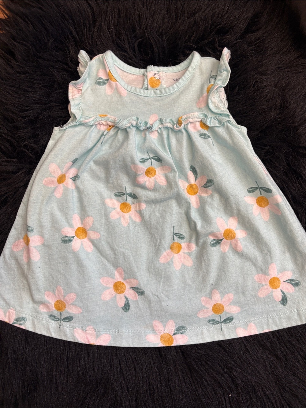 Girls Light Blue Floral Ruffle Tank Dress - Cute Pink Daisy Print